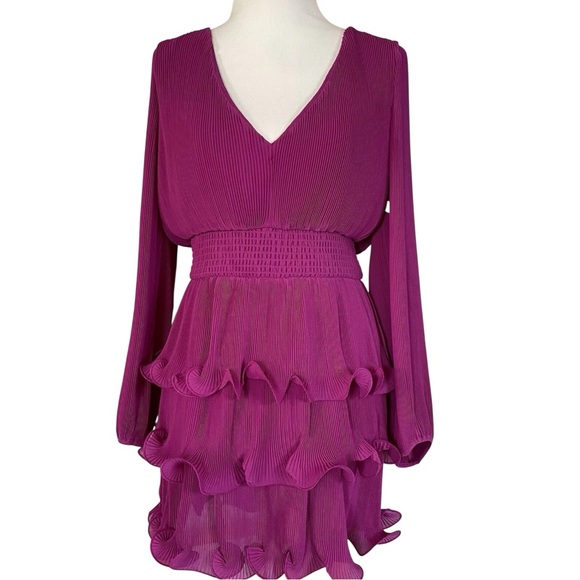 Women Milly Ryan A-Line Chiffon Dress Size 6 M Fuchsia Hem Ruffle V-Neck Layered - Picture 9 of 16